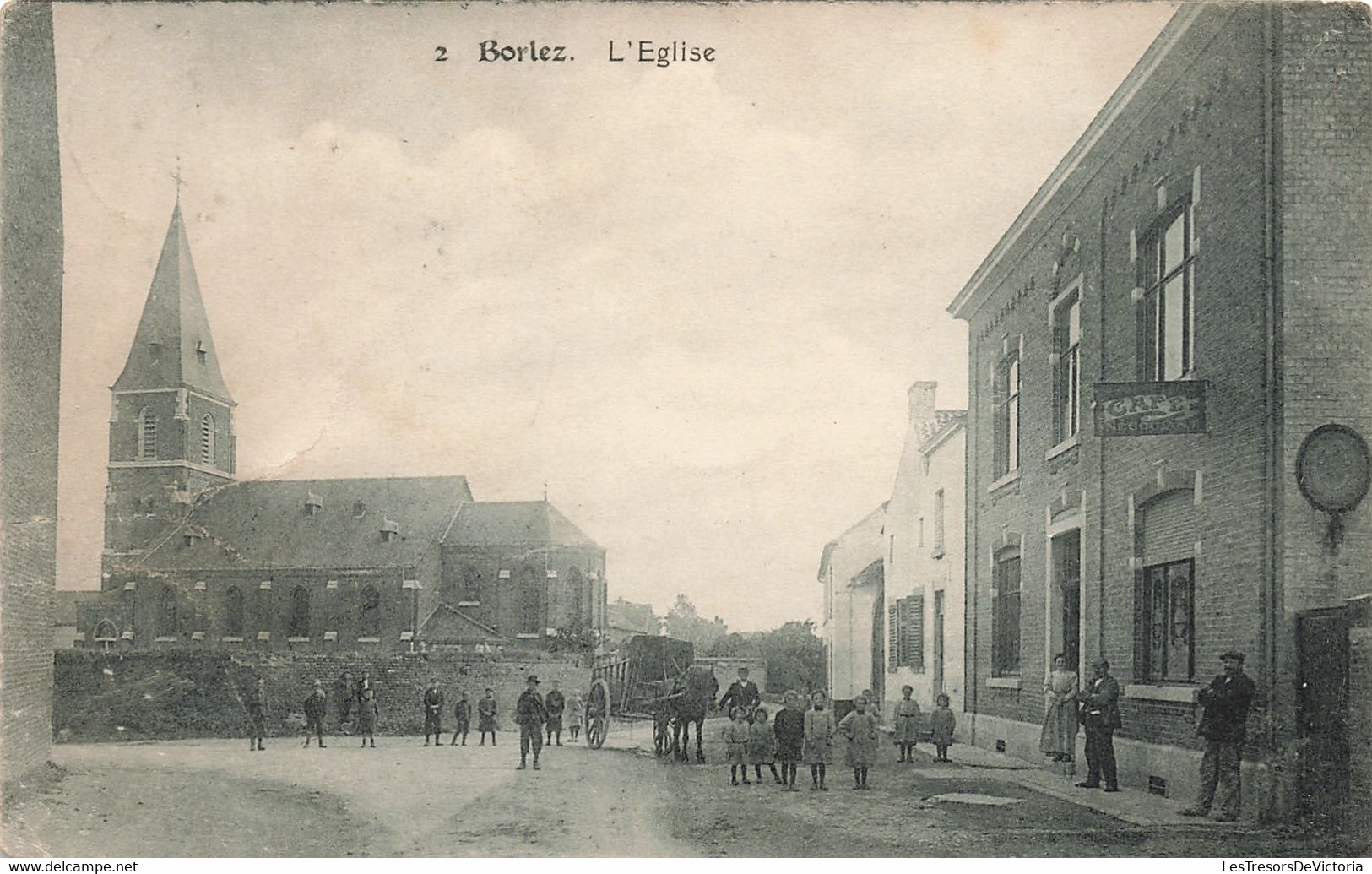 Belgique - Borlez -  L'église - N.L. - Clocher - Animé - Attelage - Café Négociant  -  Carte Postale Ancienne - Faimes
