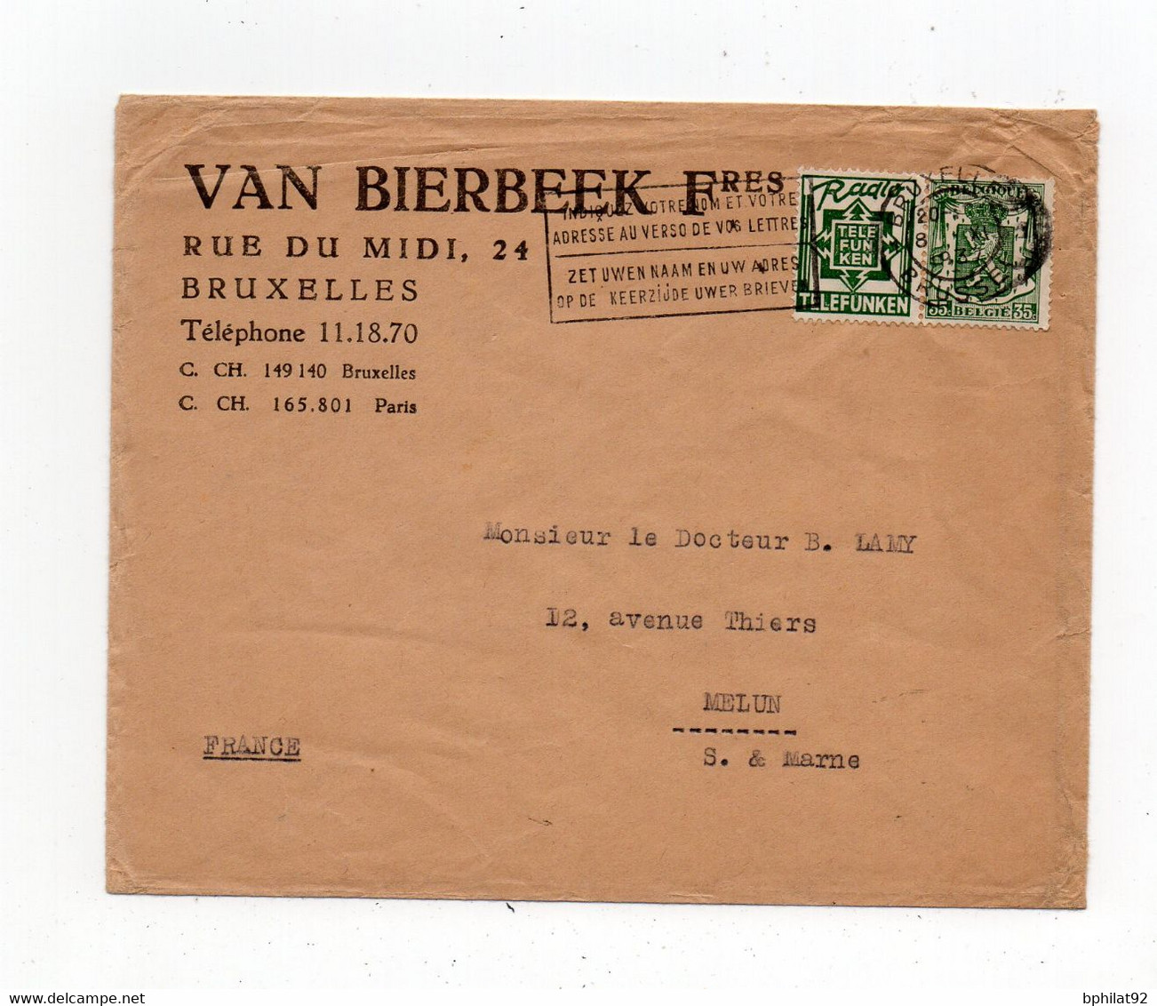 !!! BELGIQUE, LETTRE DE 1937 AVEC TIMBRE PUBLICITAIRE - Briefe U. Dokumente