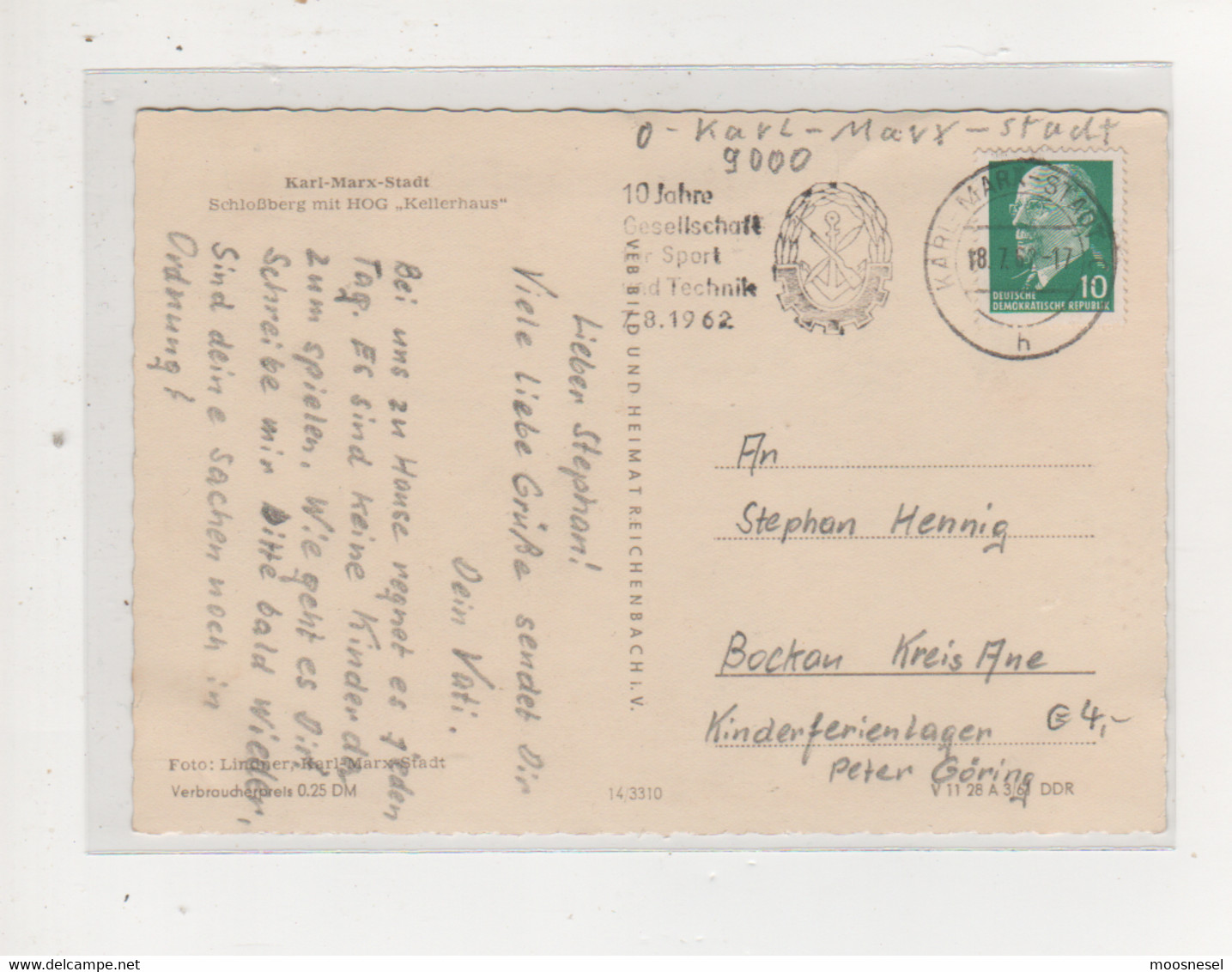 Antike Postkarte - KARL-MARX-STADT SCHLOSSBERG MIT HOG "KELLERHAUS" DDR 1961 - Chemnitz (Karl-Marx-Stadt 1953-1990)