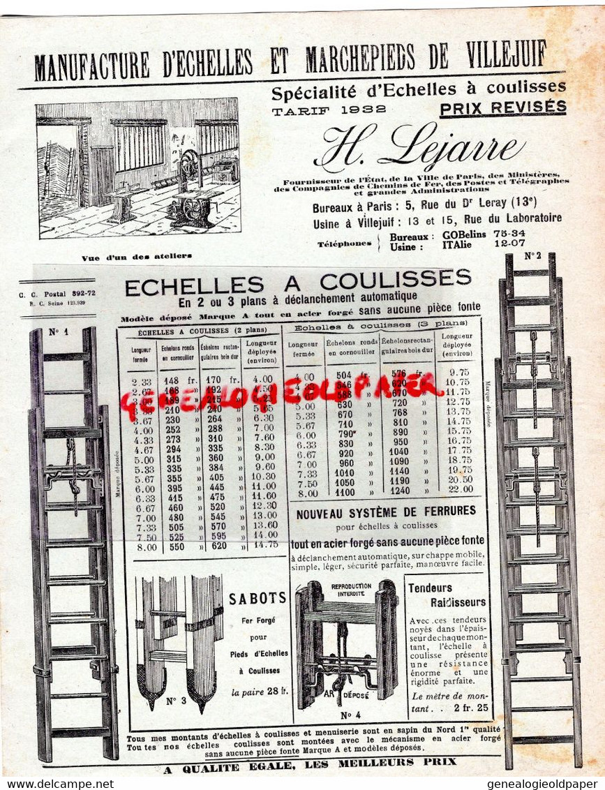 94-VILLEJUIF-75-PARIS-RARE CATALOGUE H. LEJARRE-MANUFACTURE ECHELLE TRETEAUX ECHELLES MARCHEPIEDS-TARIF 1932- - Landbouw