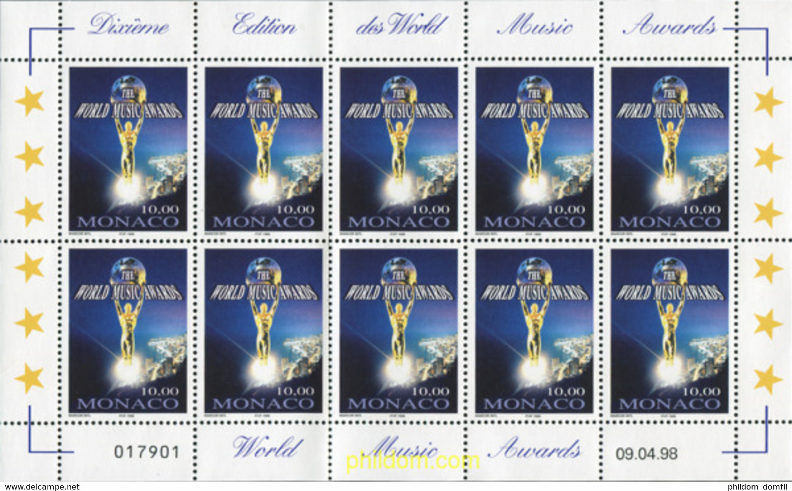 11875 MNH MONACO 1998 10 "WORLD MUSIC AWARDS" - Other & Unclassified