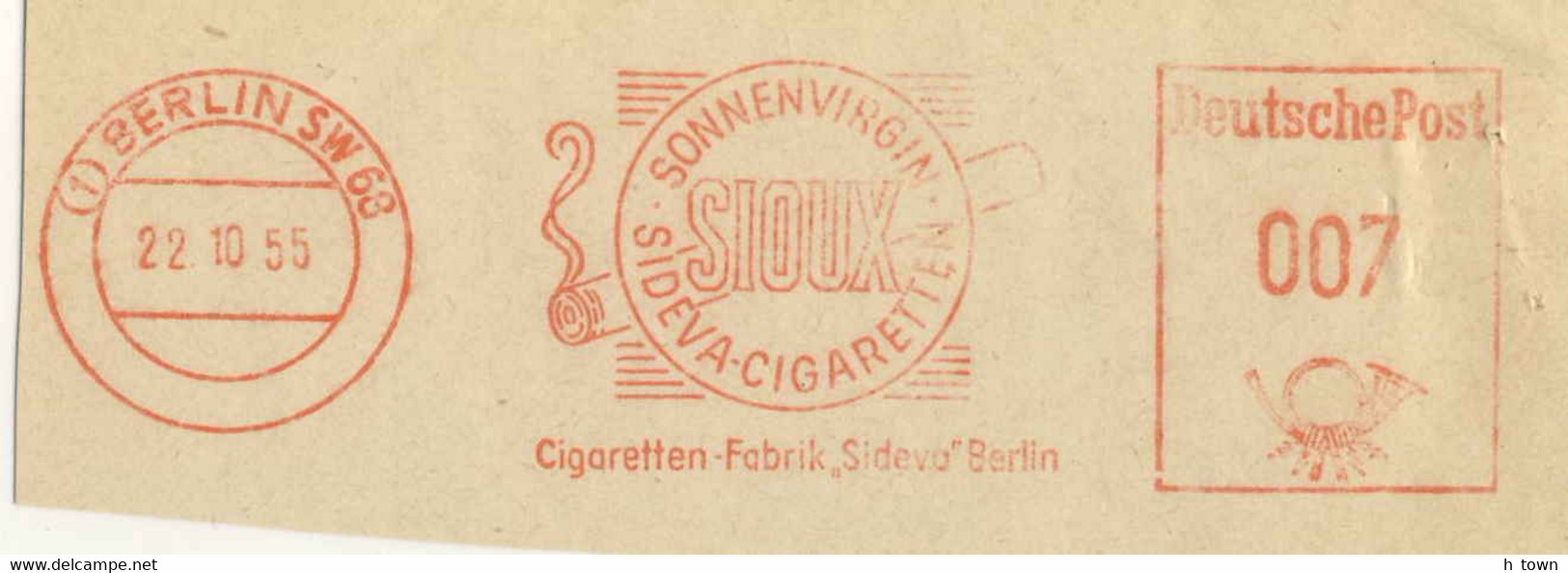 125  Tabac, Cigarette: Ema D'Allemagne, 1955 - Tobacco Meter Stamp From Germany. Sioux Berlin SW 68 - Droga