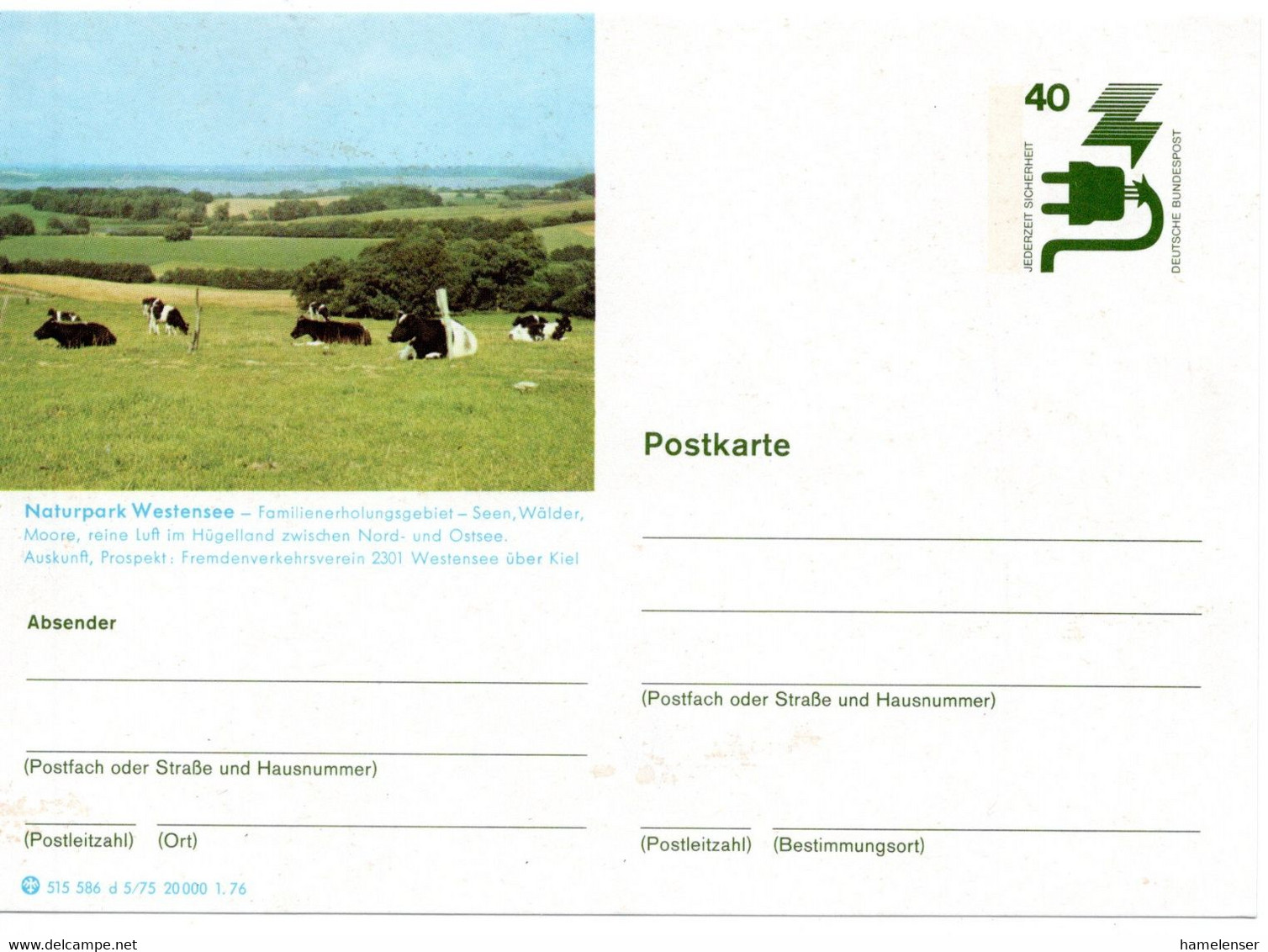 57112 - Bund - 1975 - 40Pfg Unfall GABildKte "Naturpark Westensee", Ungebraucht - Kühe