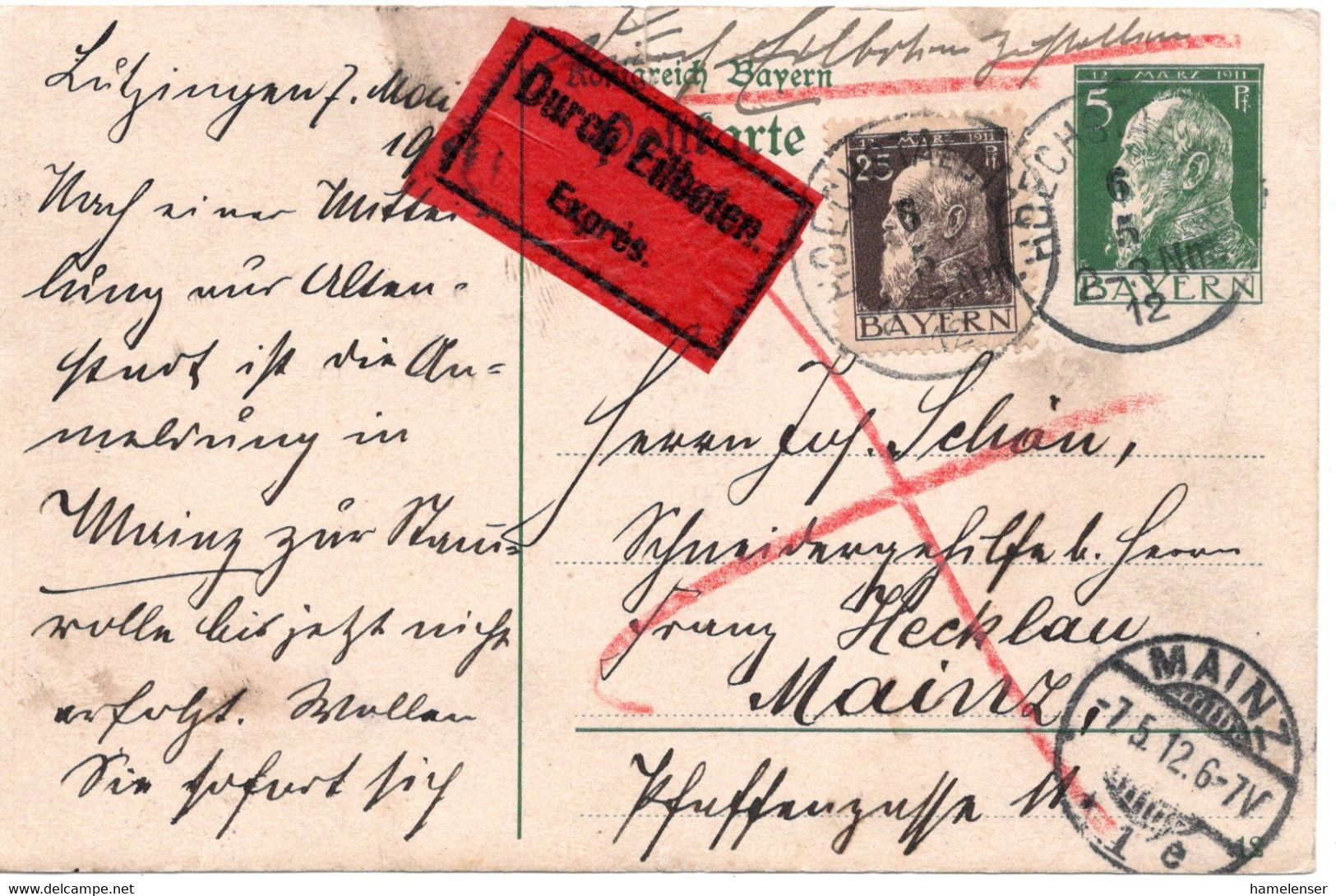 57113 - Altdeutschland / Bayern - 1912 - 5Pfg Luitpold GAKte M ZusFrank Per Eilboten HOECHSTAEDT -> MAINZ - Enteros Postales