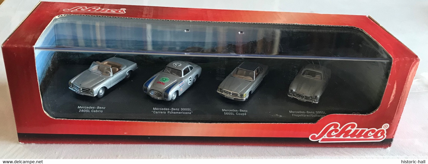 Coffret SCHUCO - MERCEDES BENZ - 280SL Cabrio - 300SL Carrera Panamericana - 560SL Coupé - 300SL Flugelturer - Echelle 1:72