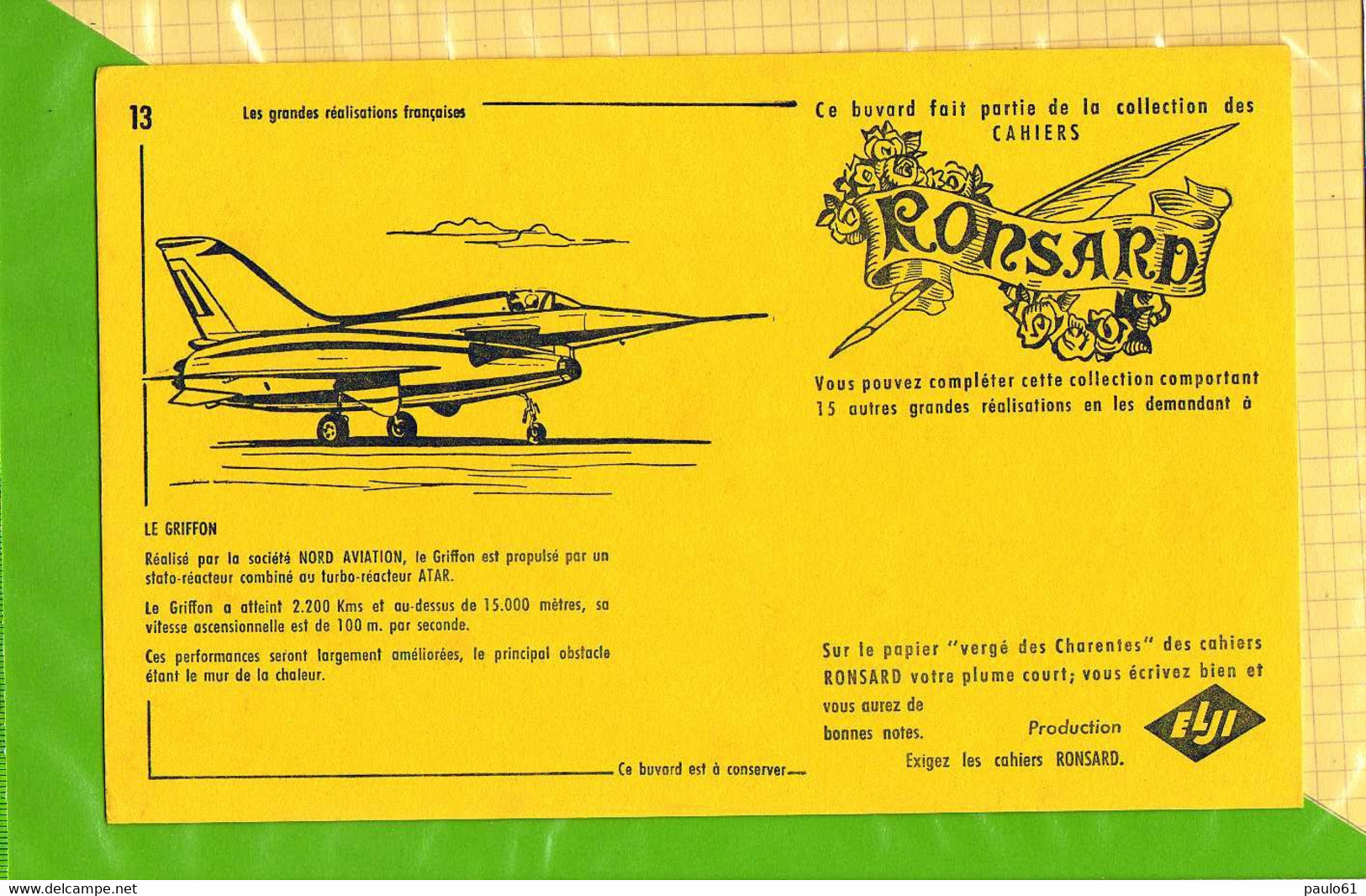 BUVARD  : RONSARD   Aviation  N° 13 LE GRIFFON   Jaune - Papeterie