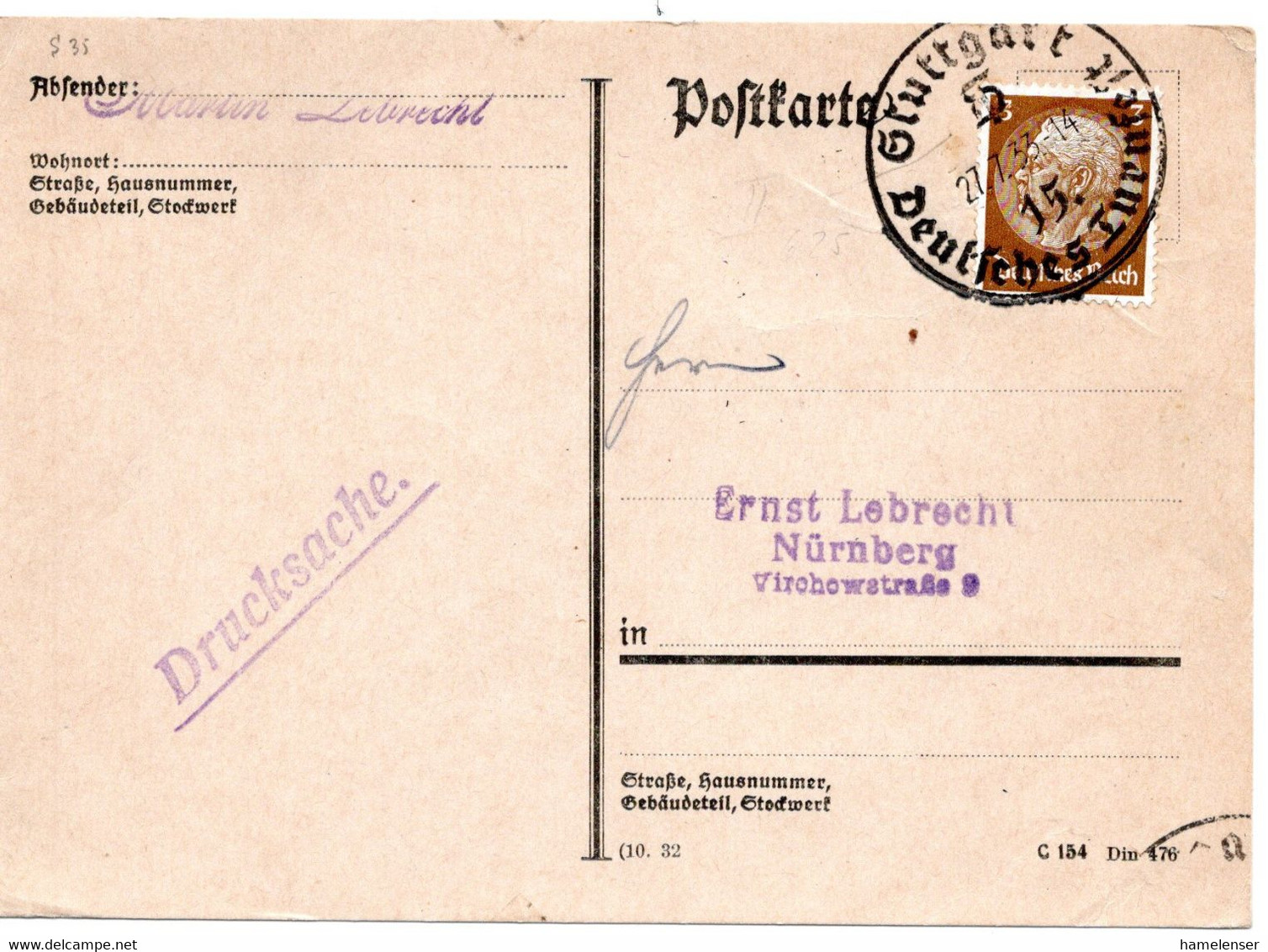 57115 - Deutsches Reich - 1933 - 3Pfg Hindenburg EF A DrucksKte SoStpl STUTTGART - 15. DEUTSCHES TURNFEST -> Nuernberg - Gymnastics