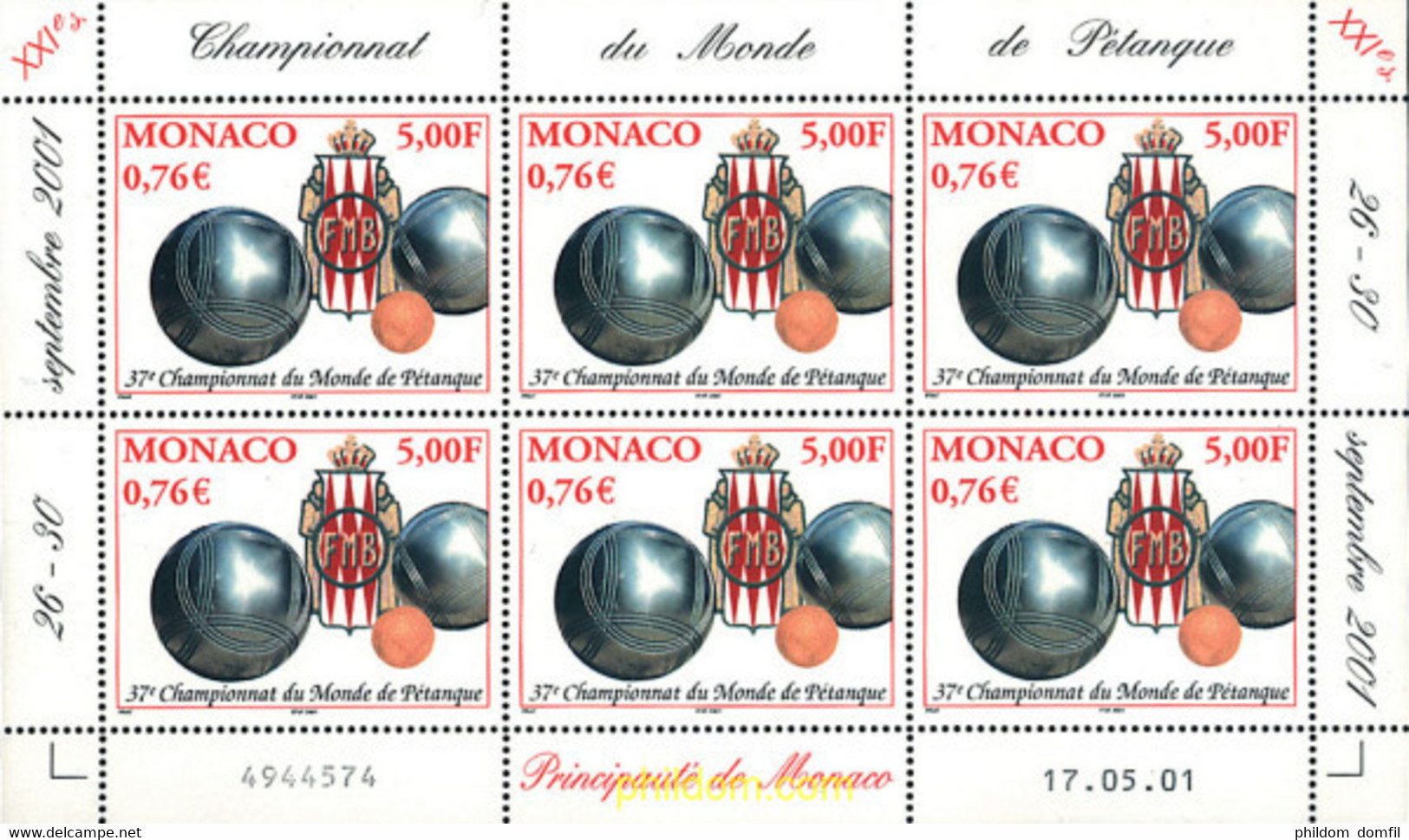 8565 MNH MONACO 2001 37 CAMPEONATO MUNDIAL DE PETANCA - Otros & Sin Clasificación