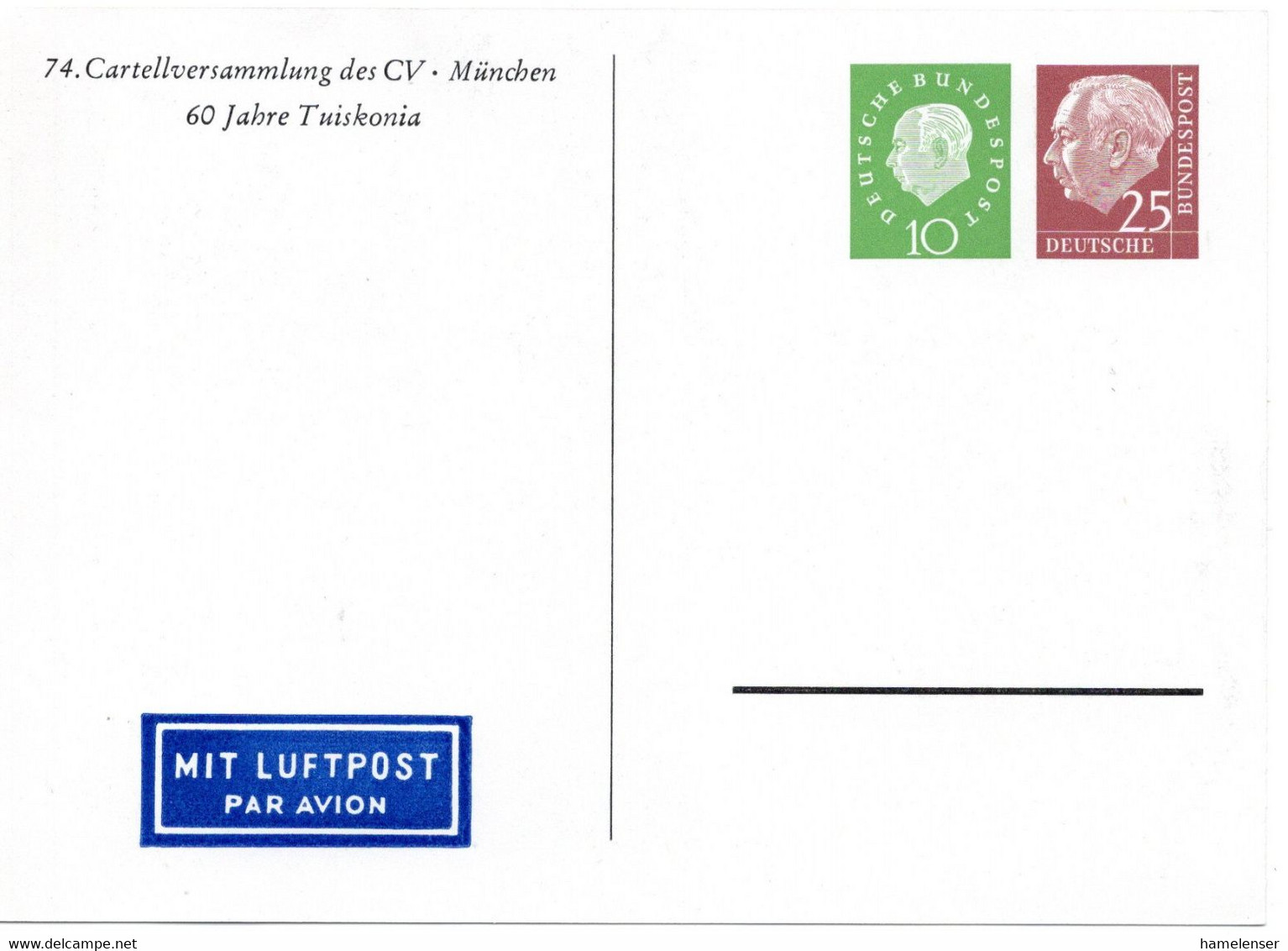 57126 - Bund - 1960 - 25Pfg Heuss I & 10Pfg Heuss III PGALpKte "60 Jahre Tuiskonia" - Andere & Zonder Classificatie