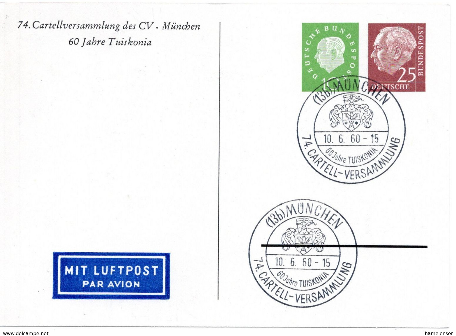 57127 - Bund - 1960 - 25Pfg Heuss I & 10Pfg Heuss III PGALpKte "60 Jahre Tuiskonia" SoStpl MUENCHEN - ... 60 JAHRE ... - Andere & Zonder Classificatie