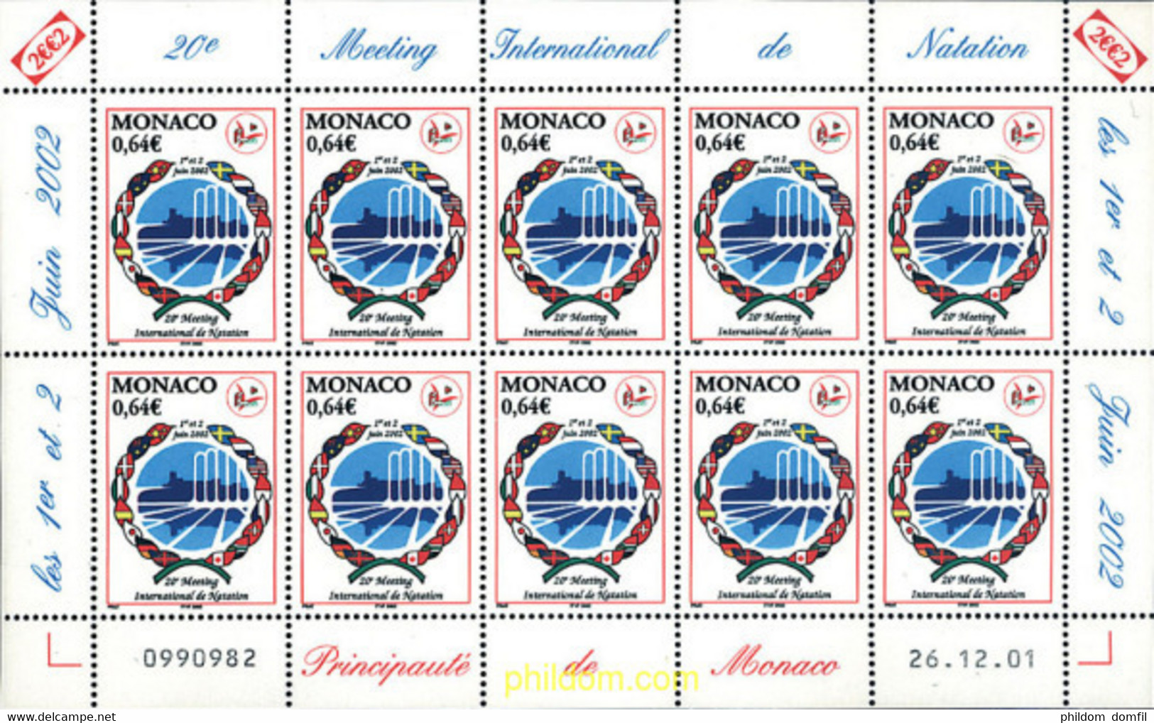 8791 MNH MONACO 2002 20 MEETING INTERNACIONAL DE NATACION - Sonstige & Ohne Zuordnung