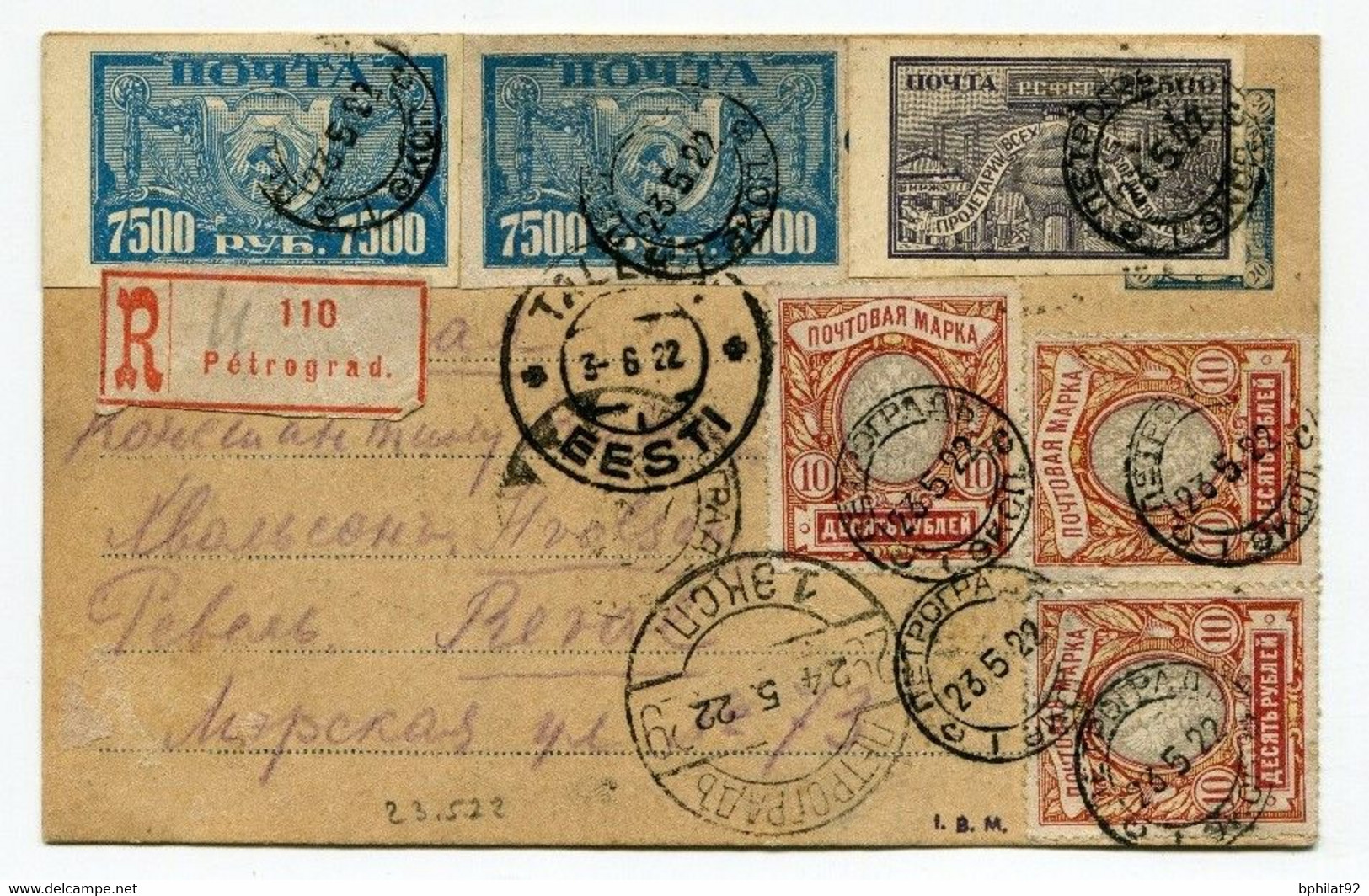 !!! RUSSIE : ENTIER POSTAL RECOMMANDE DE PETROGRAD POUR TALLIN 21/6/1922 - Lettres & Documents