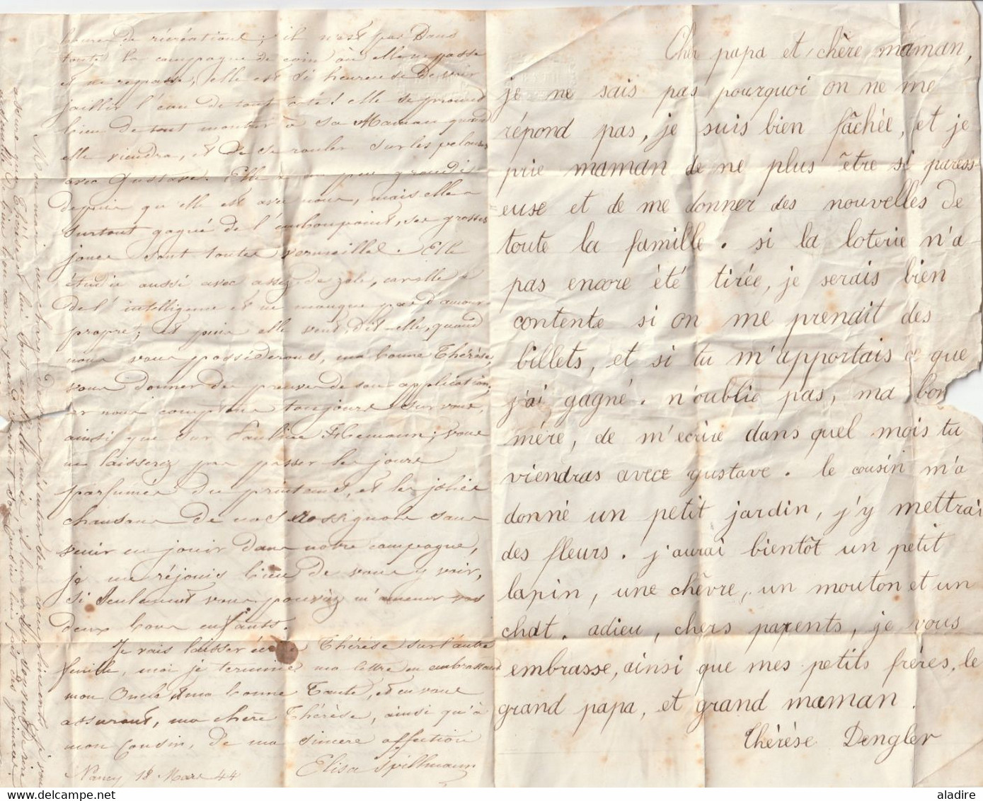 1844 - Lettre pliée avec corresp familiale de 3 p de Nancy petit cachet vers Sélestat - cad arrivée - taxe  3