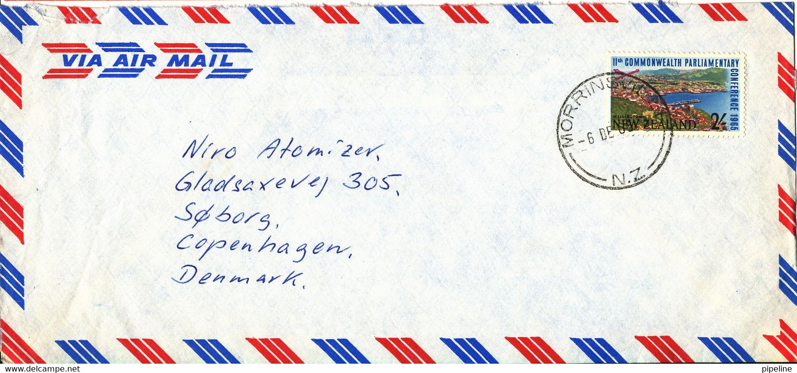 New Zealand Air Mail Cover Sent To Denmark 6-12-1965 Single Franked - Airmail