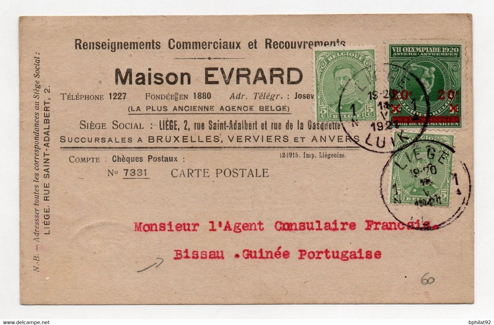 !!! BELGIQUE, CARTE DE LIEGE DE 1921 POUR LA GUINEE PORTUGAISE - Covers & Documents