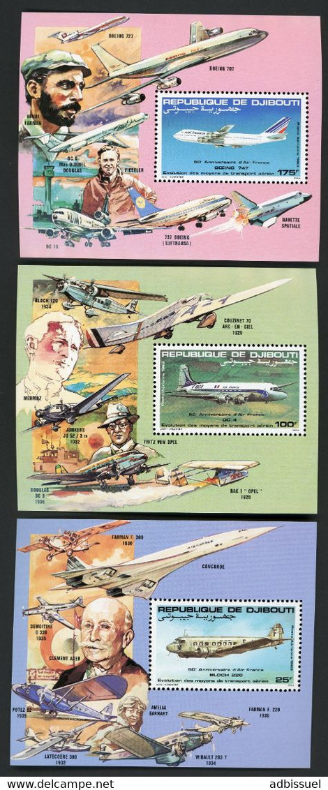 DJIBOUTI 3 Blocs Spéciaux COTE 30 € Poste Aérienne N° 183 à 185 MNH ** AVIATION / BLOCH 220 / DC 4 / BOEING 747. TB/VG - Yibuti (1977-...)