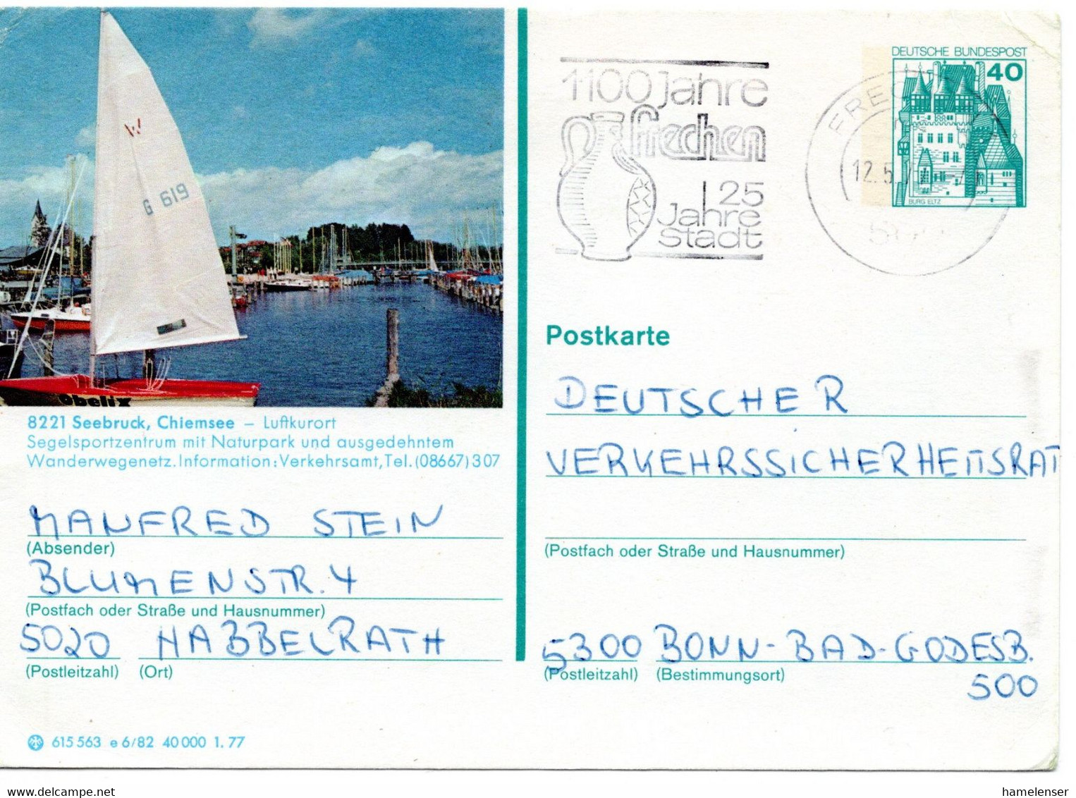 57227 - Bund - 1977 - 40Pfg B&S GABildKte "Seebruck, Chiemsee" FRECHEN - ... -> Bonn - Zeilen