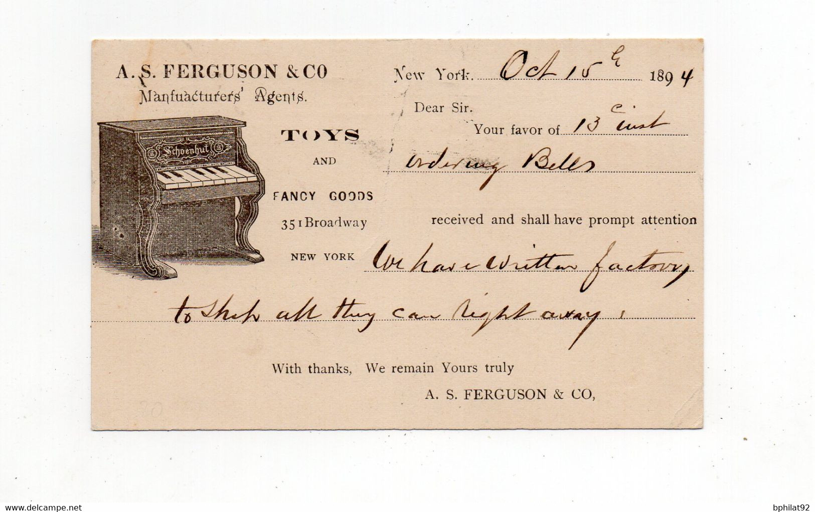 !!! ETATS UNIS, ENTIER POSTAL AVEC REPIQUAGE FERGUSON DE 1894. THEMES JEUX, PIANO - ...-1900