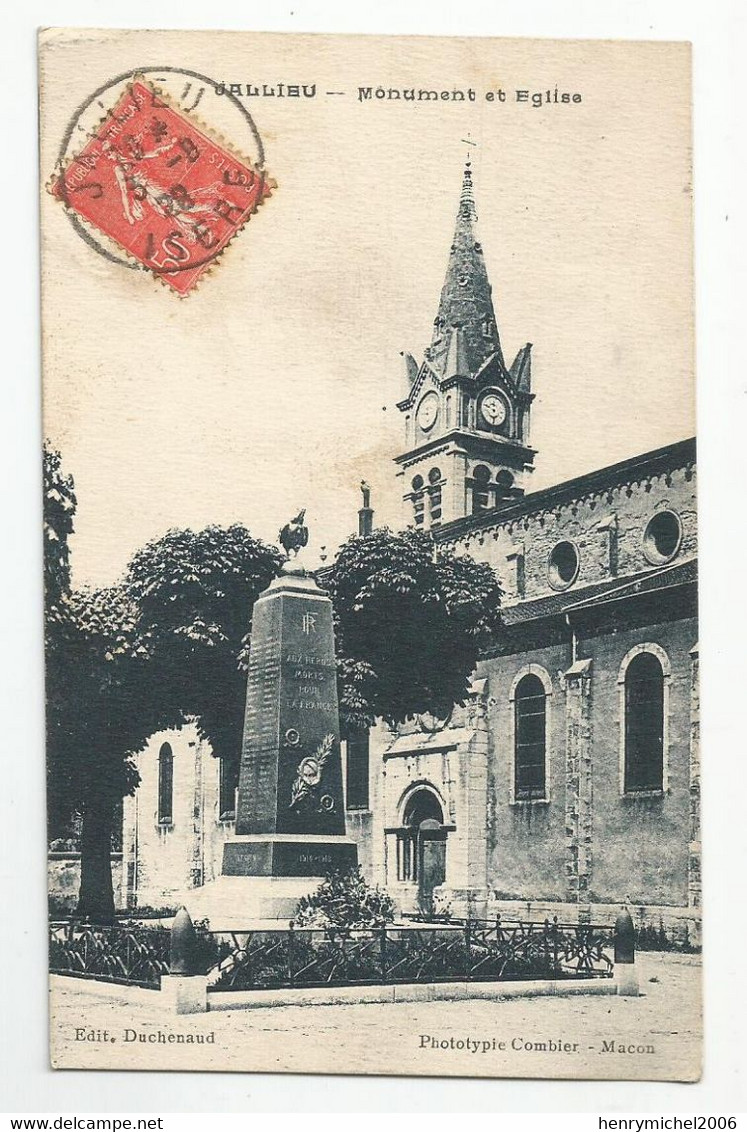 38 Isère Jallieu Monument Morts Et église Cachet 1928 Ed Duchenaud Bourgoin - Bourgoin