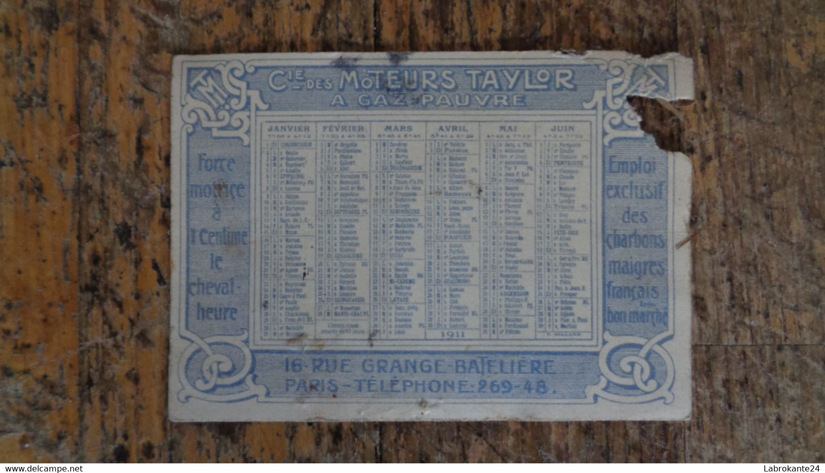 REF 626 : Petit Calendrier 1912 Cie Des Moteurs Taylor Rue Grange Batelière Paris - Petit Format : 1901-20