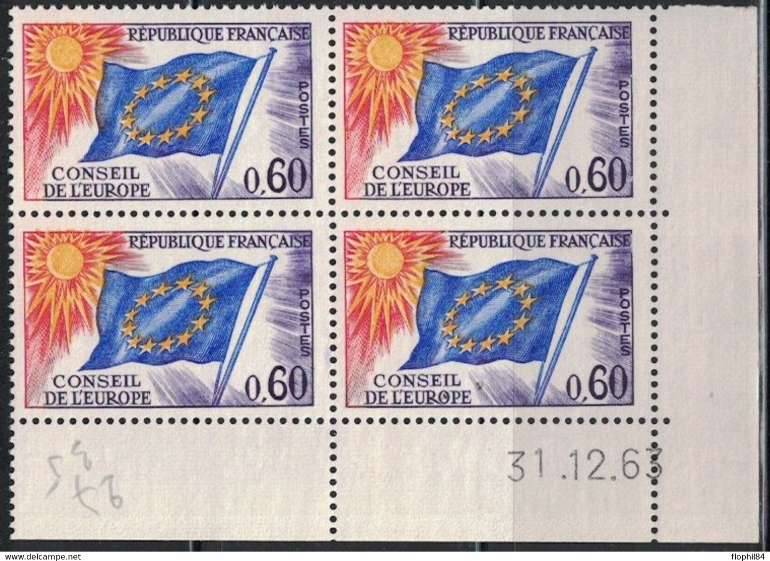 COIN DATE - SERVICE N°34 - 0f60 - CONSEIL DE L'EUROPE - 31-12-1963 - Cote 7€50. - Servicio