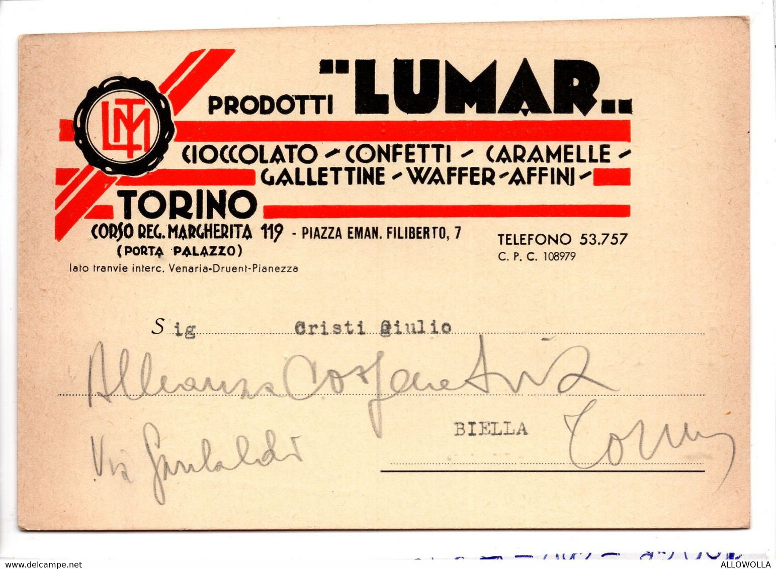 19564 " PRODOTTI LUMAR-CICCOLATO-CONFETTI CARAMELLE.....-TORINO "-CARTOLINA POSTALE NON SPEDITA - Shopkeepers