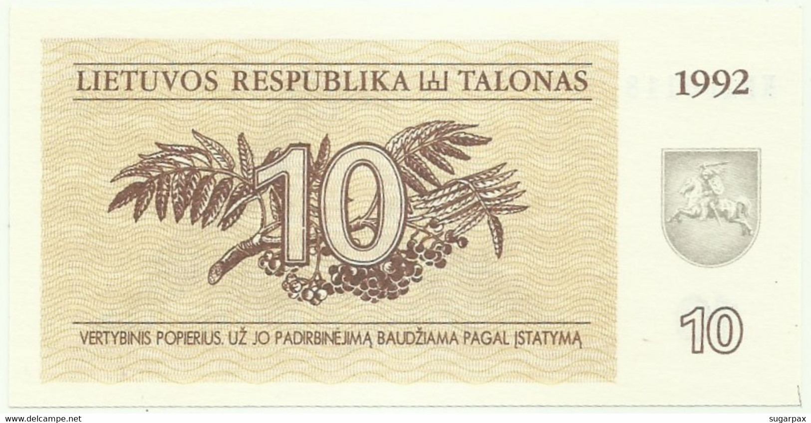 Lithuania - 10 Talonas - 1992 - Pick 40 - Unc. - Serie KB - Lituanie