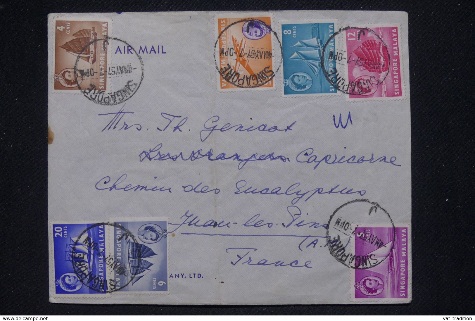 SINGAPOUR - Enveloppe Pour La France En 1957, Affranchissement Varié - L 141521 - Singapur (...-1959)