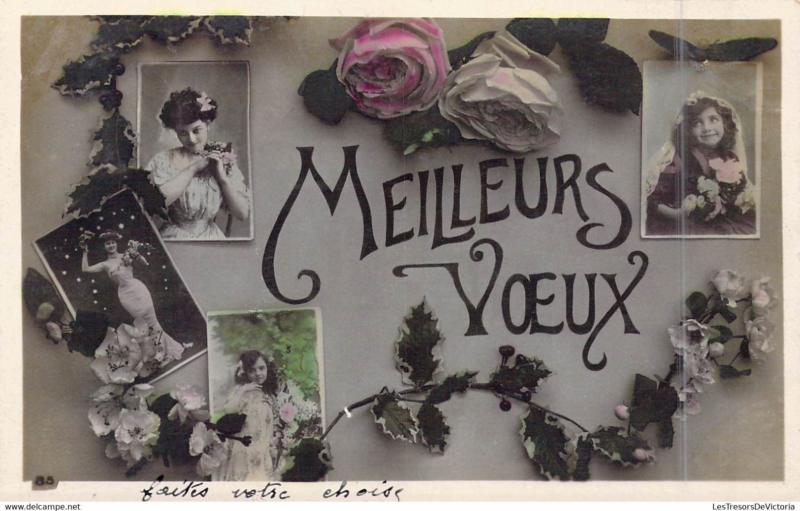 Fantaisie - Femmes - Meilleurs Vœux - Fleurs - Carte Postale Ancienne - Femmes