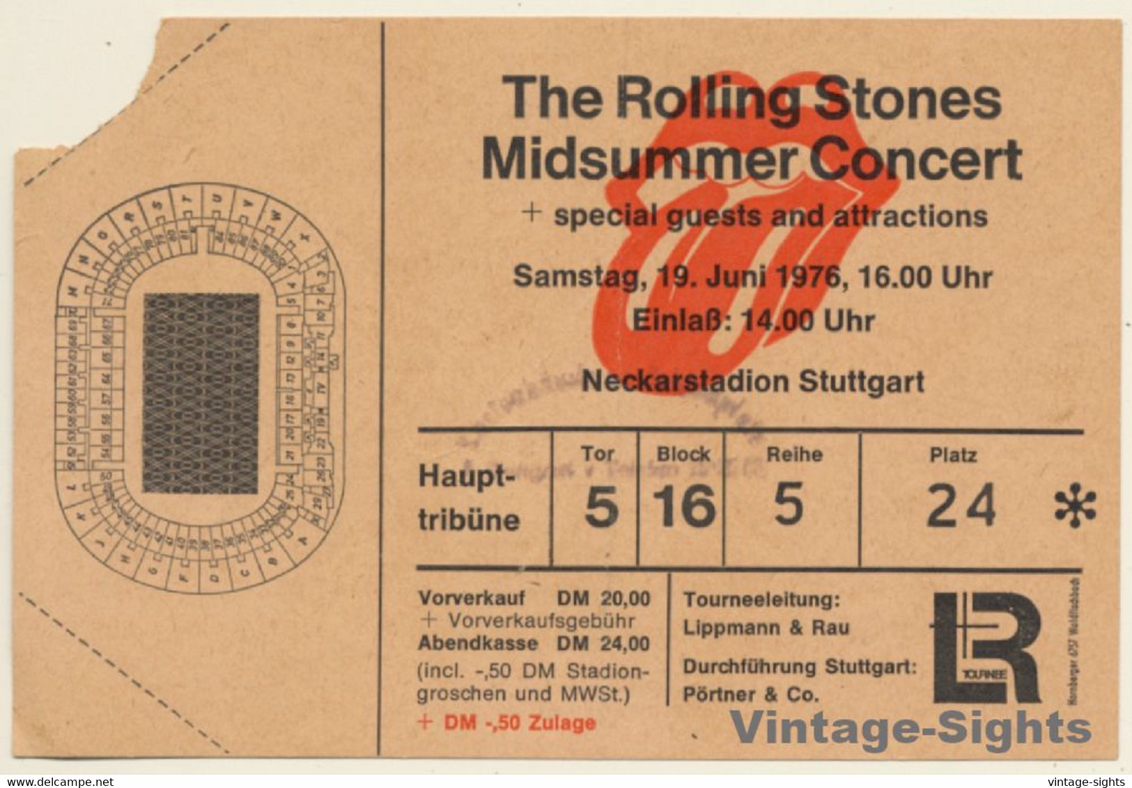 Stuttgart 19.6.1976: Rolling Stones Midsummer Concert (Rare Vintage Ticket) - Concert Tickets