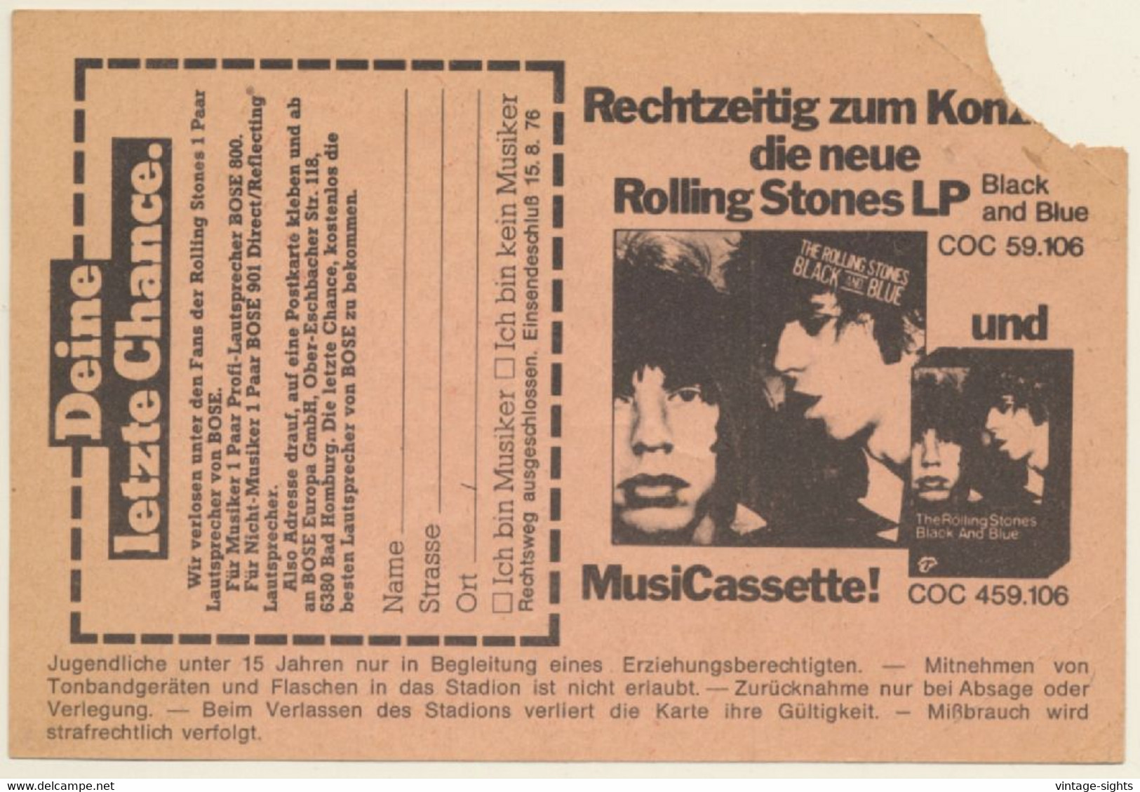 Stuttgart 19.6.1976: Rolling Stones Midsummer Concert (Rare Vintage Ticket) - Konzertkarten