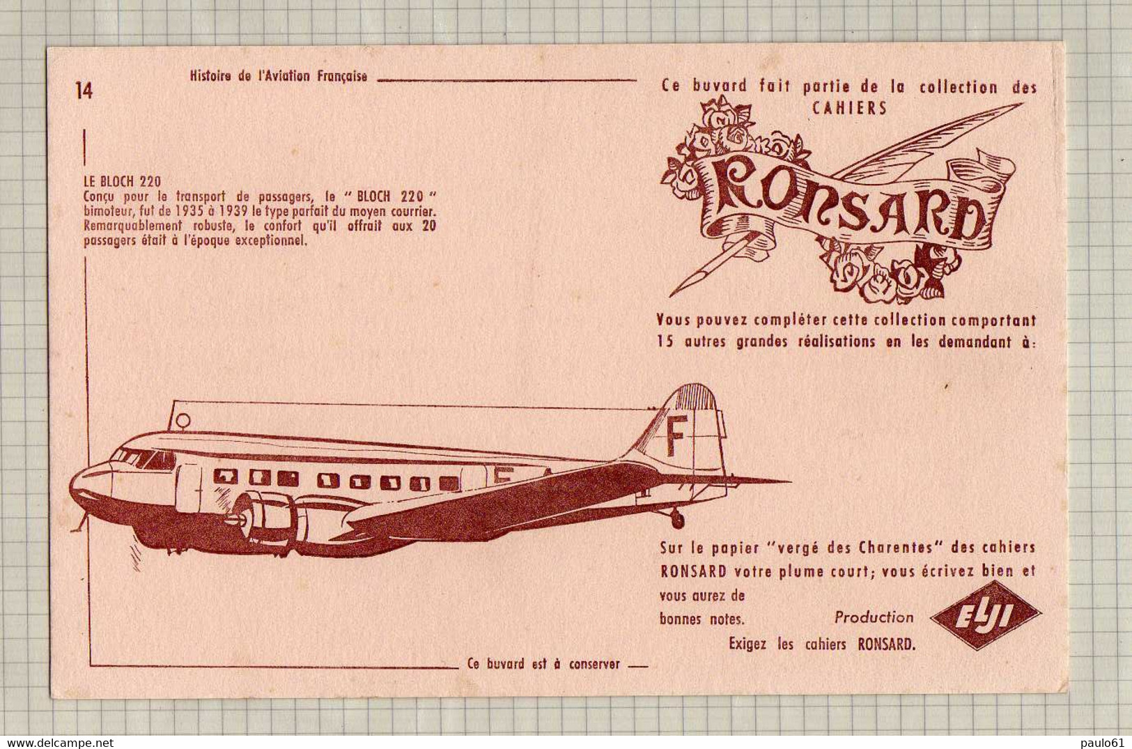 Buvard & Blotting Paper : Papeteries RONSARD  Aviation Avion LE BLOCH 220 - Papeterie