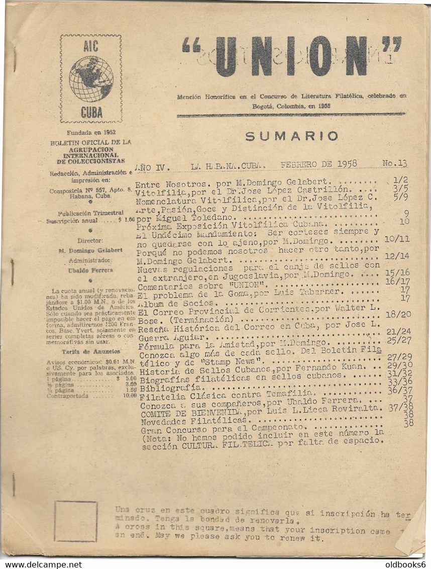 Cuba / Phil. Zeitschriften/ Revista Filatelica/ Union  Bulletin Oficial Collect. - Espagnol (àpd. 1941)