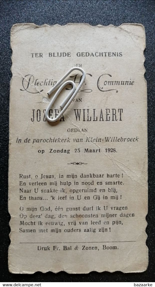 KLEIN-WILLEBROECK..1928.. PLECHTIGE H. COMMUNIE VAN JOZEFA WILLAERT - Communion