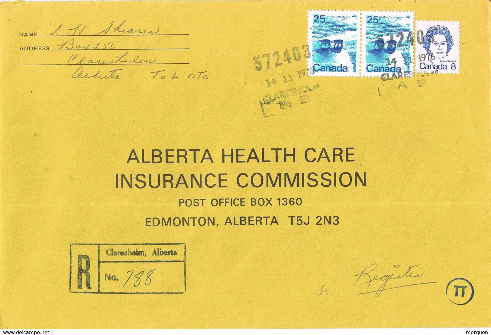 49071. Carta Certificada CLARESHOLM (Alberta) Canada 1976 To Edmonton - Lettres & Documents