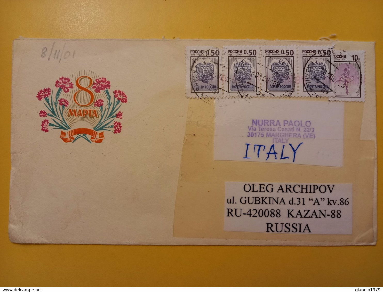 2001 BUSTA COVER  RUSSIA RUSSIAN URSS CCCP BOLLO COAT OF ARMS STEMMA OBLITERE' FOR ITALY - Lettres & Documents