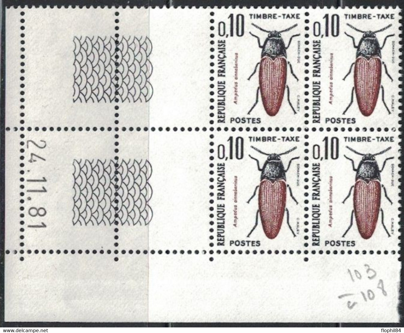 INSECTES - TAXE - N°103 -  BLOC DE 4 - COIN DATE - 24-11-1981 - COTE 1€. - Segnatasse