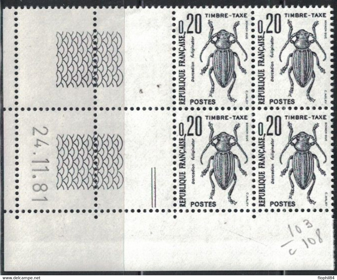 INSECTES - TAXE - N°104 -  BLOC DE 4 - COIN DATE - 24-11-1981 - COTE 1€50. - Portomarken