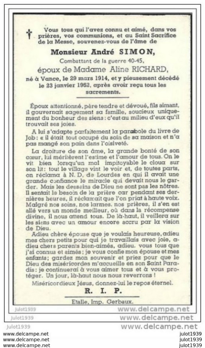 VANCE ..-- Mr André SIMON , Combattant 40-45 , époux De Mme Aline RICHARD , Né En 1914 , Décédé En 1952 . - Etalle