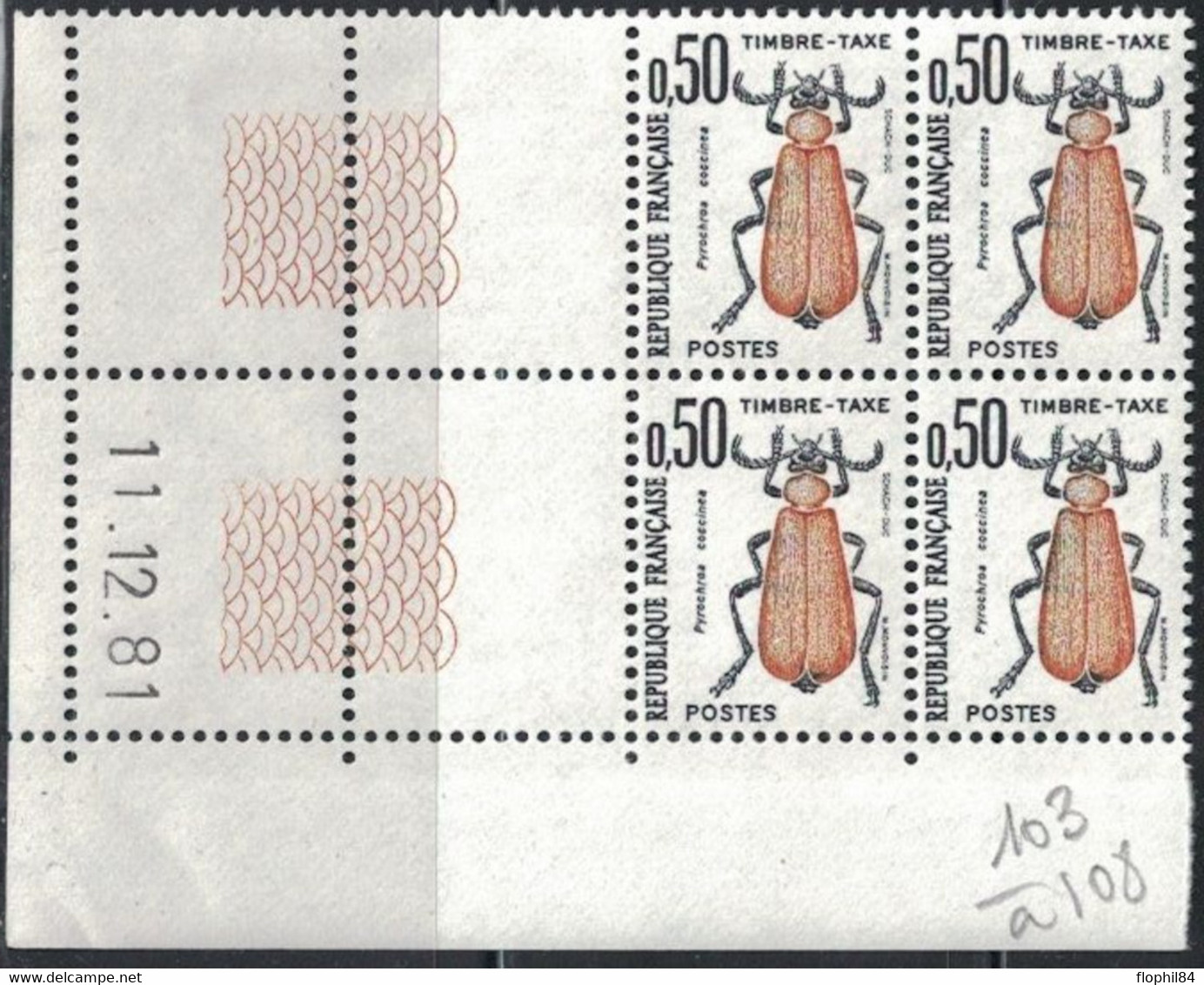 INSECTES - TAXE - N°105 -  BLOC DE 4 - COIN DATE - 11-12-1981 - COTE 1€50. - Strafport