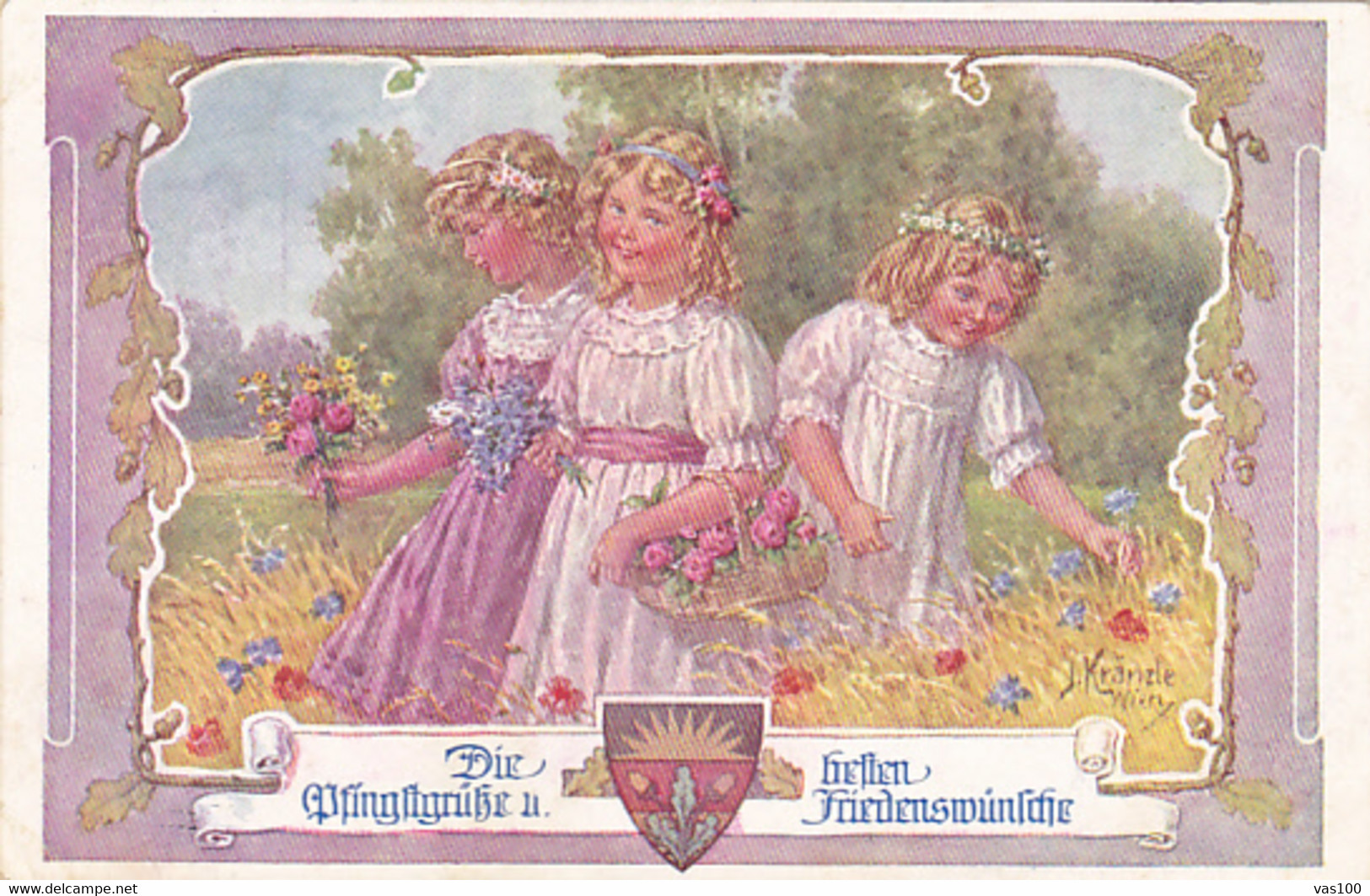 CPA ILLUSTRATIONS, SIGNED, J. KRANZLE- GIRLS PICKING FLOWERS - Kränzle