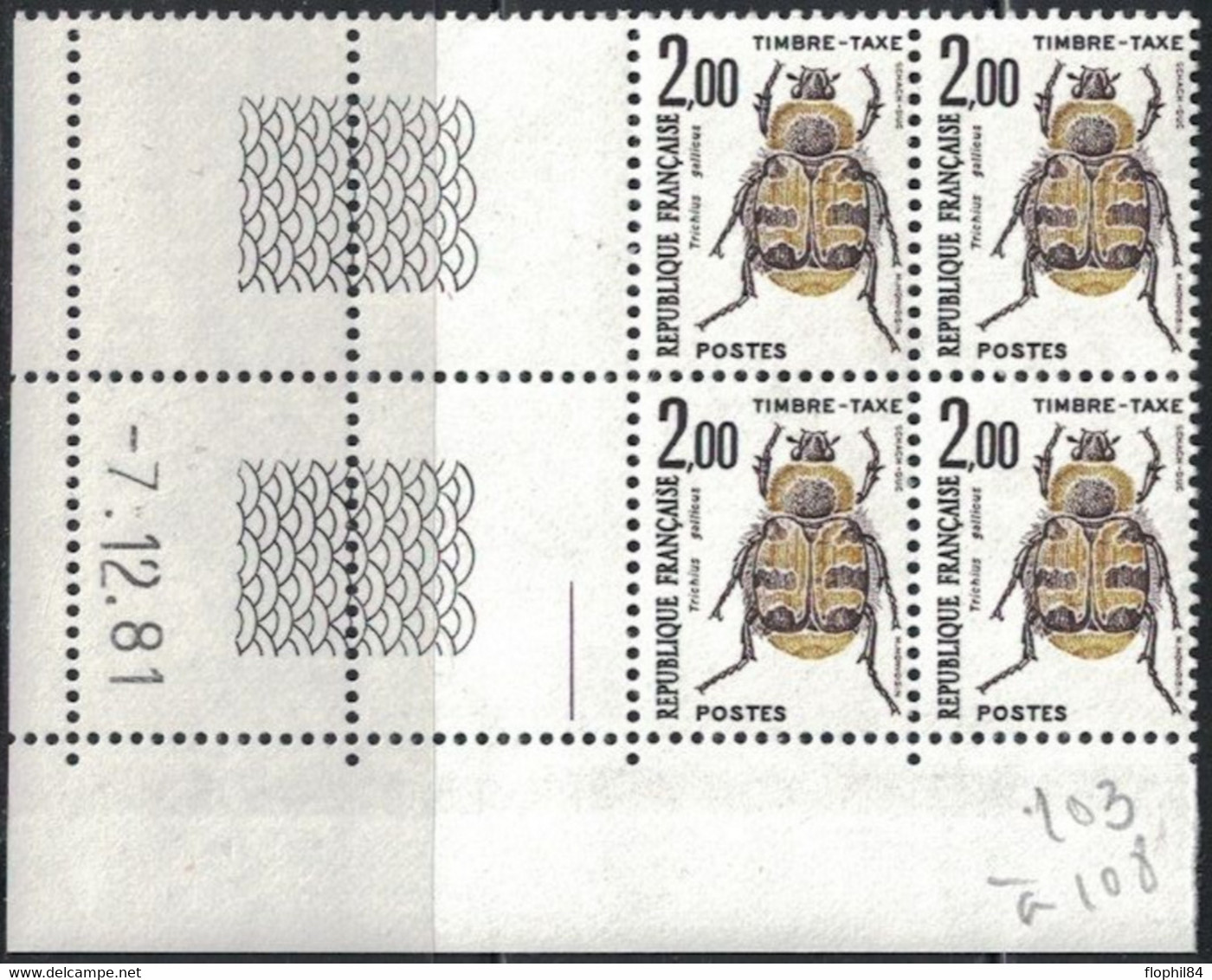 INSECTES - TAXE - N°107 -  BLOC DE 4 - COIN DATE - 7-12-1981 - COTE 5€. - Strafport