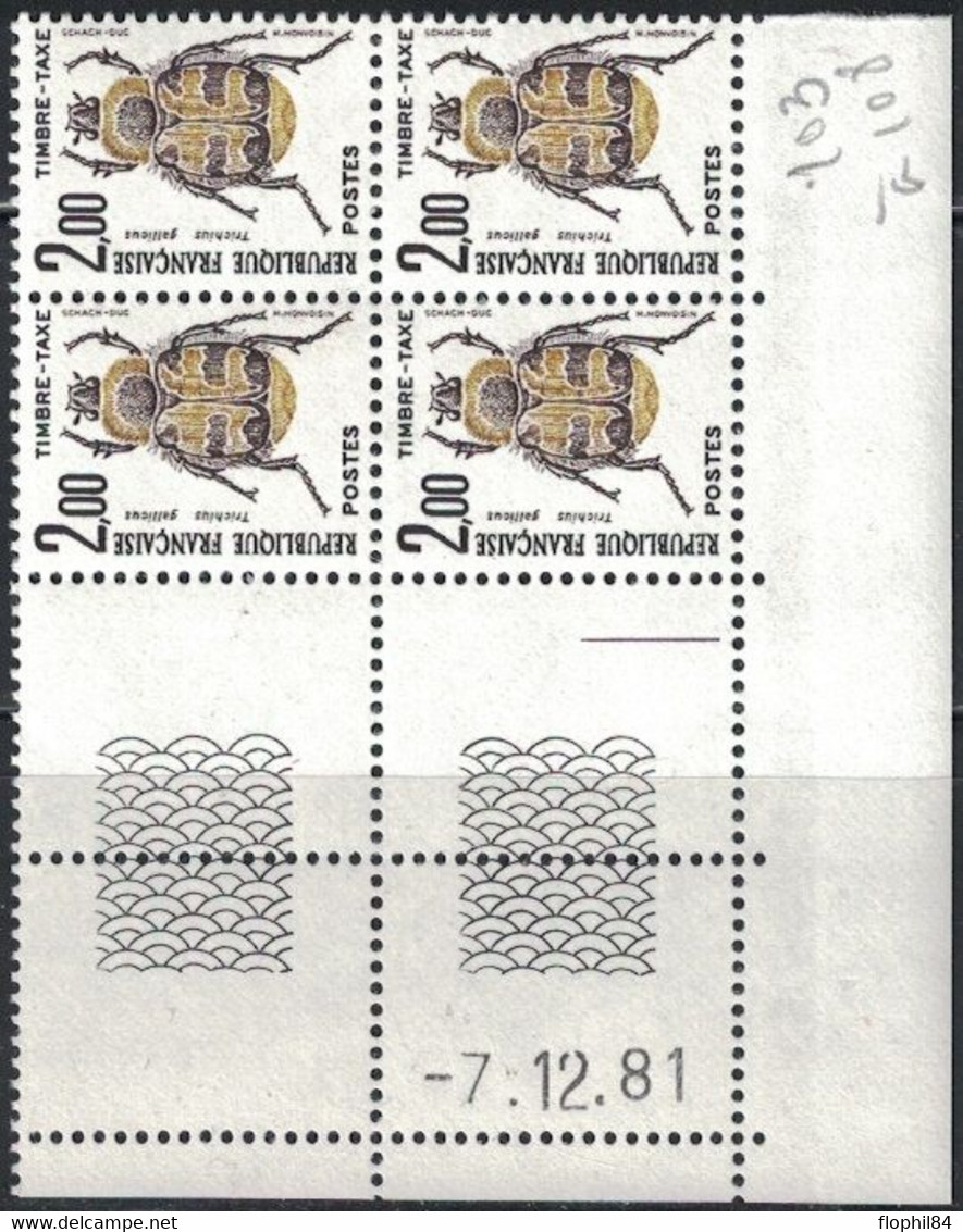 INSECTES - TAXE - N°107 -  BLOC DE 4 - COIN DATE - 7-12-1981 - COTE 5€. - Segnatasse