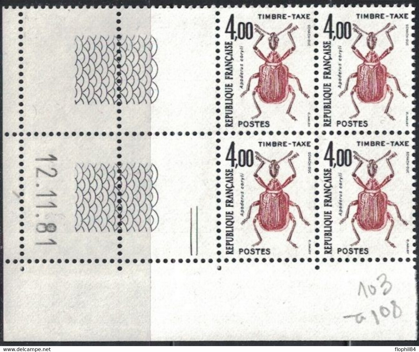 INSECTES - TAXE - N°108 -  BLOC DE 4 - COIN DATE - 12-11-1981 - COTE 9€. - Segnatasse