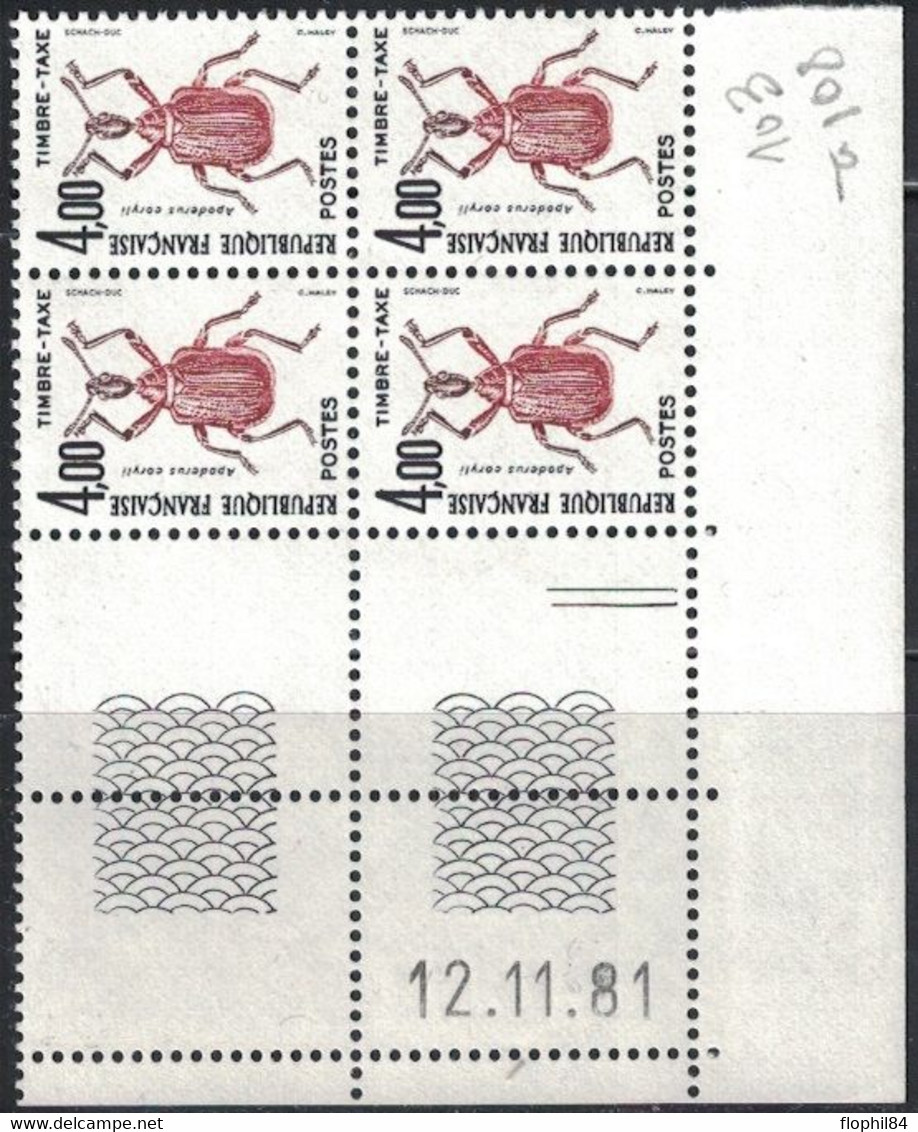 INSECTES - TAXE - N°108 -  BLOC DE 4 - COIN DATE - 12-11-1981 - COTE 9€. - Taxe