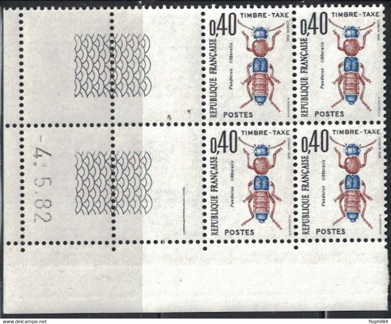 INSECTES - TAXE - N°110 -  BLOC DE 4 - COIN DATE - 4-5-1982 - COTE 2€00. - Portomarken