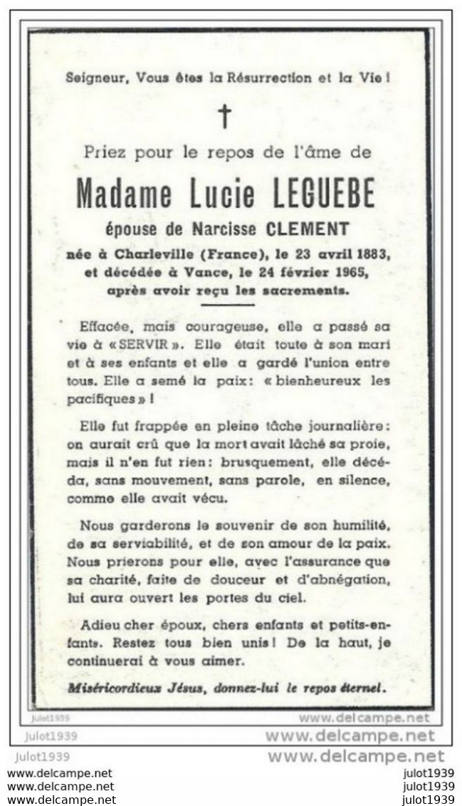 VANCE ..-- Mme Lucie LEGUEBE , épouse De Mr Narcisse CLEMENT . Née En 1883 à CHARLEVILLE , Décédée En 1965 . - Etalle