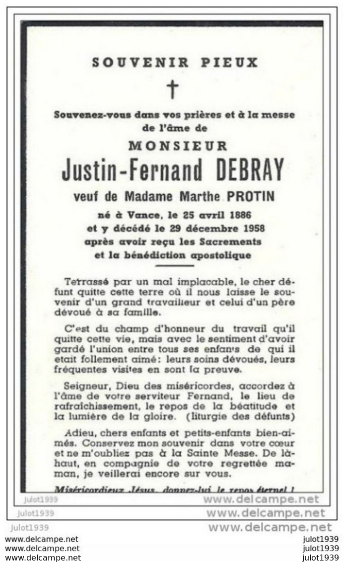 VANCE ..-- Mr Justin DEBRAY , Veuf De Mme Marthe PROTIN , Né En 1886 , Décédé En 1958 . - Etalle