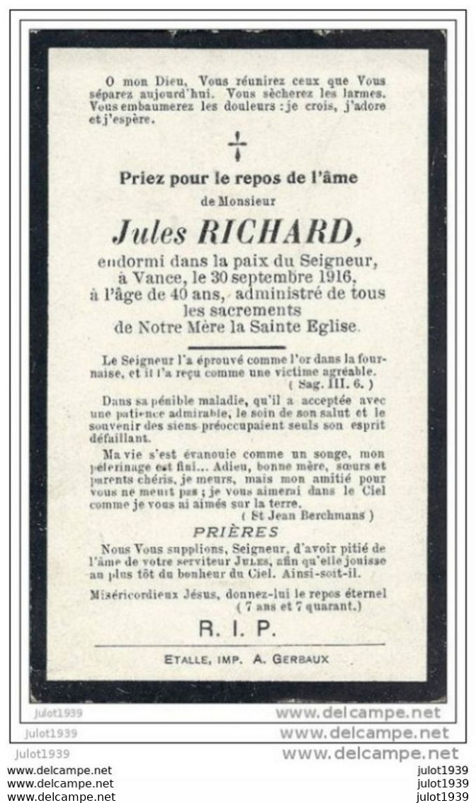 VANCE ..-- Mr Jules RICHARD , Né En 1876 , Décédé En 1916 . - Etalle