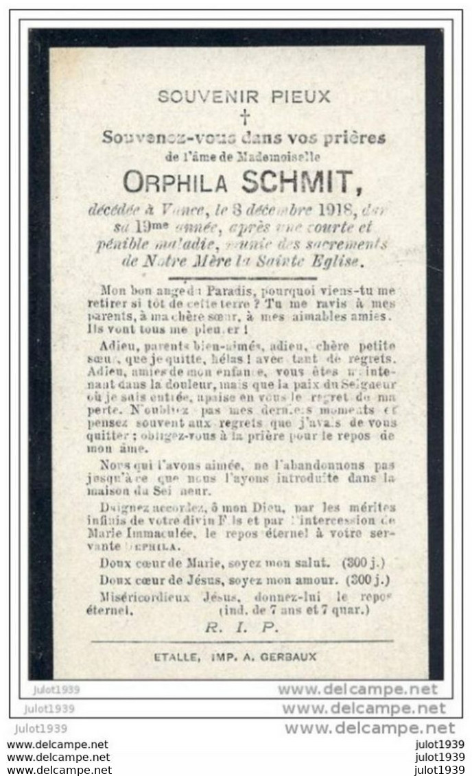 VANCE ..--  Mademoiselle Orphila SCHMIT , Née En 1899 , Décédée En 1918 . - Etalle